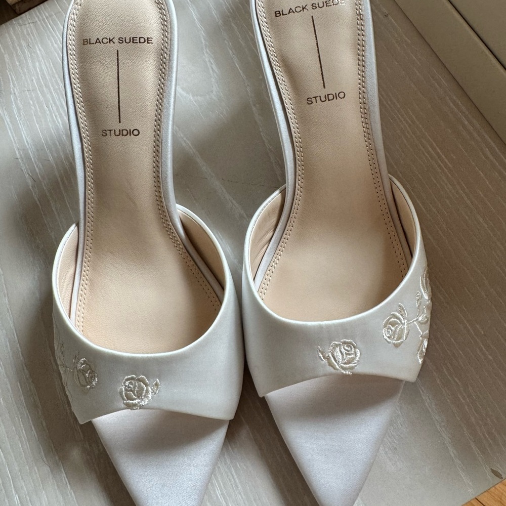 Black Suede Studio White Embroidered Heels
